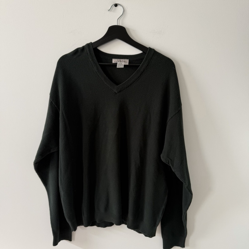 AKA Eddie Bauer V Neck Sweater Mens XL Green Cotton Knit Long Sleeve Vintage 90s